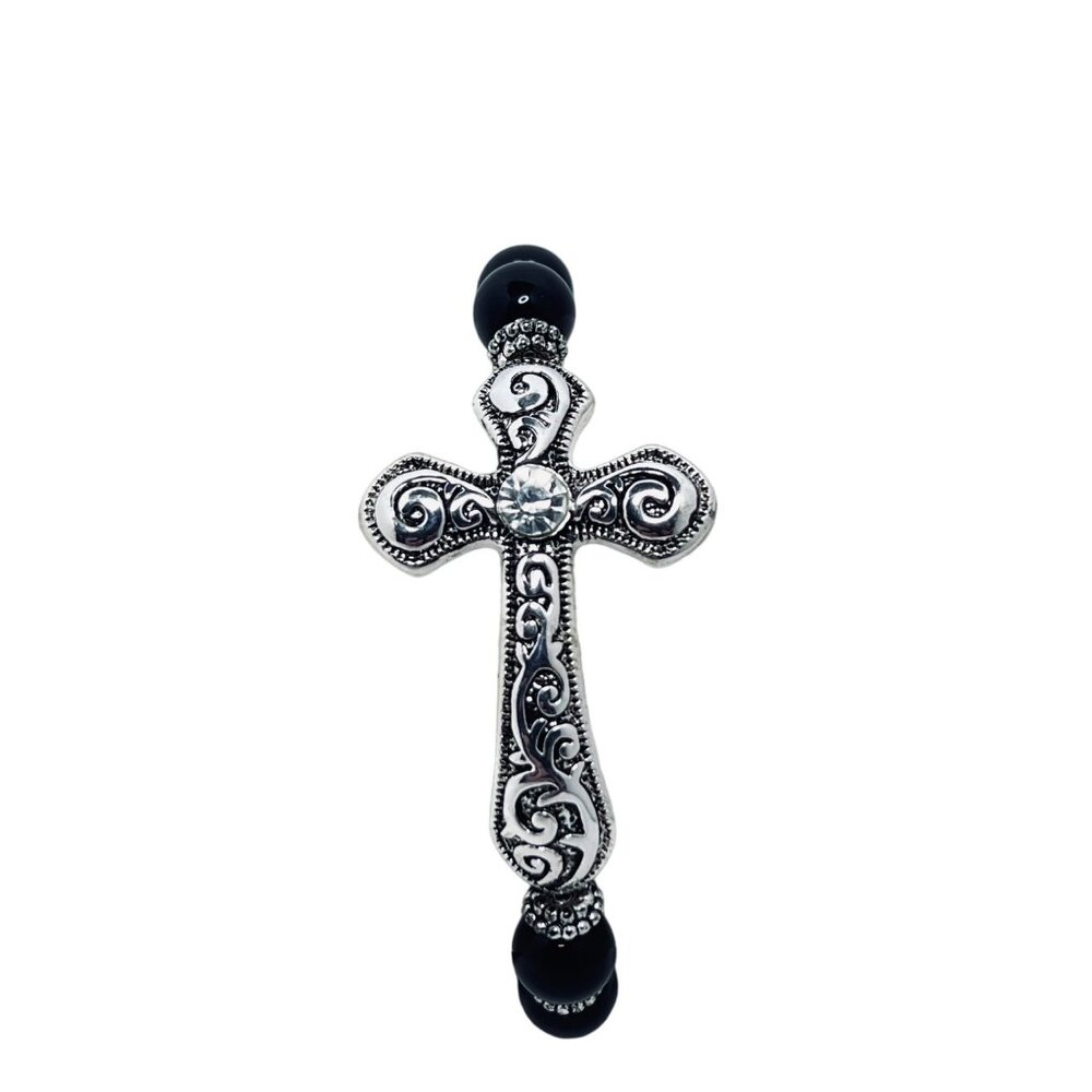 Silver Tone, Black & Clear Rhinestone Beaded Cross Stretch Bracelet (5495)